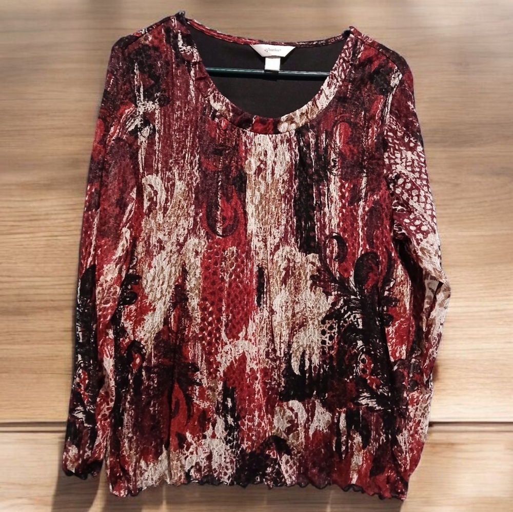 CJ Banks Dark Red Black Beige Lacey Blouse Womans Plus Print size X / XL Mature